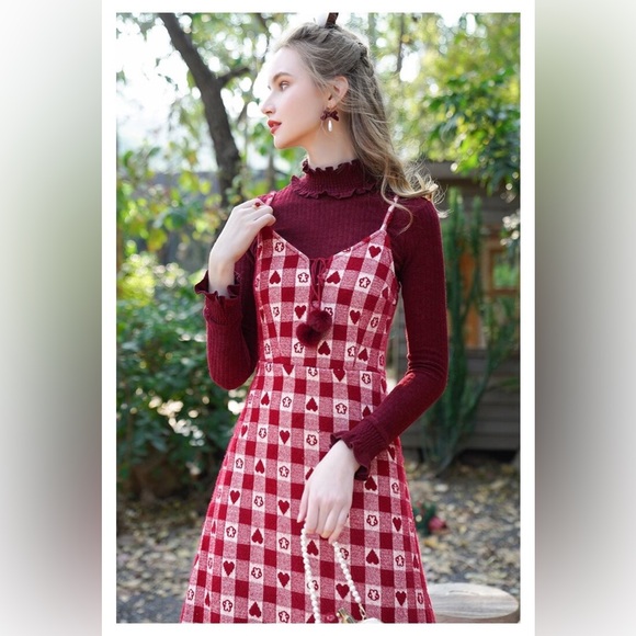 White & Red Checkered Heart Pattern Pom-Pom Front Tie Wool Blend Midi Dress M/L - Picture 5 of 13